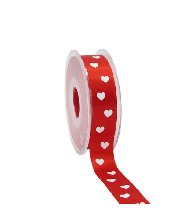 Red satin ribbon with hearts for Mother's Day | Width 23 millimetres | Length 25 metres | Order by piece