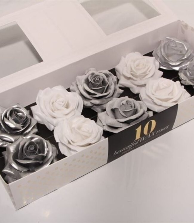 Mixed white and silver silk wax roses | 10 pieces per box | Order per box