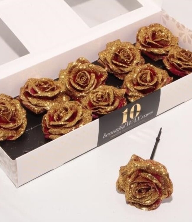 Gold coloured silk wax roses with glitter | 10 pieces per box | Order per box