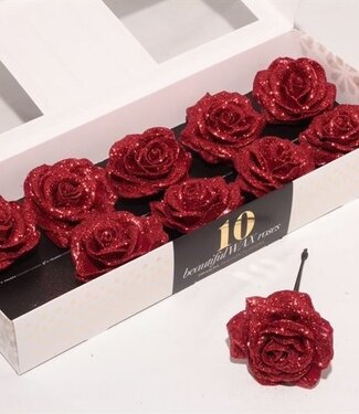 AD Red silk wax roses with glitter | Per 10 pieces