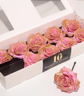 AD Roze zijden waxrozen met gouden glitters | Per 10 stuks