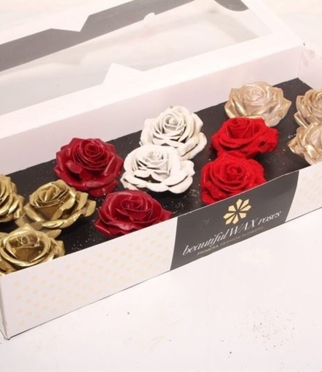 Mixed red and gold coloured silk wax roses | Size M | 12 pieces per box | Per box to order