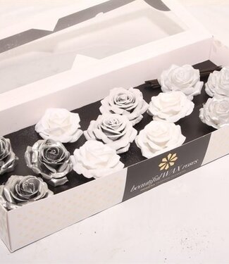 AD Mixed white and silver silk wax roses | Size M | Per 12 pieces