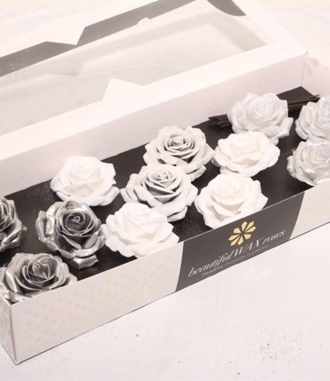 Mixed white and silver silk wax roses | Size M | 12 pieces per box | Per box to order