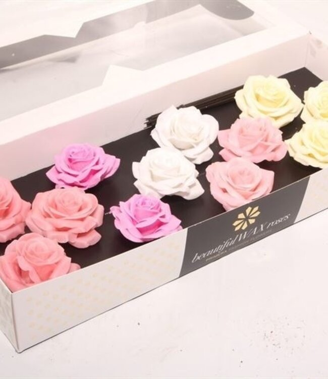 Gemengde roze pastelkleurige zijden waxrozen | Maat M | 12 stuks per doos | Per doos te bestellen