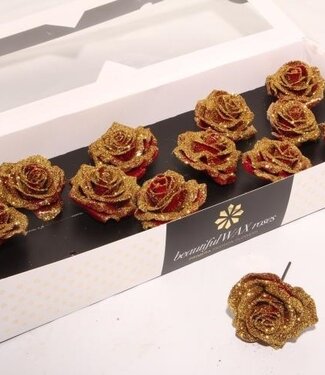 AD Red silk wax roses with gold glitter | Size M | Per 12 pieces