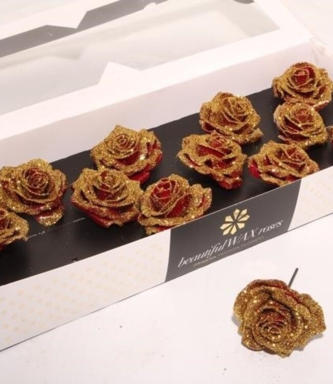 Red silk wax roses with golden glitter | Size M | 12 pieces per box | Order per box