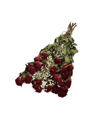 MyFlowers Bouquet with 8 red spray roses and 2 stems of white natural baby's breath | Length ± 50 centimetres