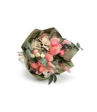 MyFlowers Trockenblumenstrauß Senza Jolie Rosa | Länge ± 40 Zentimeter | Mit rosa, weiß gebleichten und grünen Trockenblumen