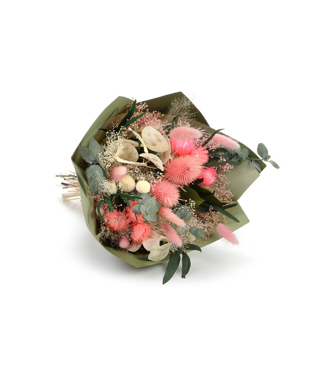 Bouquet de fleurs séchées Senza Jolie Rosa | Longueur ± 40 centimètres | Avec des fleurs séchées roses, blanchies en blanc et vertes