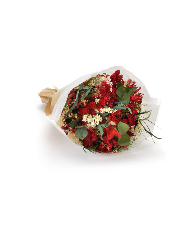 Bouquet de fleurs séchées Fantasy Rosso | Longueur ± 35 centimètres | Avec des fleurs séchées rouges, blanches et vertes