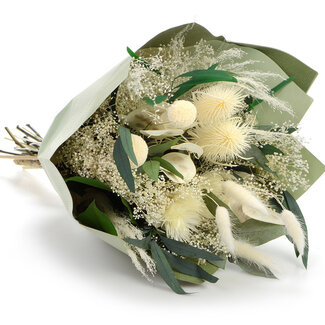 MyFlowers Bouquet de fleurs séchées Senza Jolie Bianco | Longueur ± 40 centimètres | Avec diverses fleurs séchées blanchies en blanc et vertes