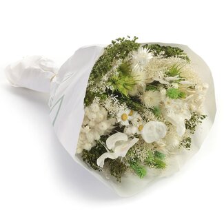 MyFlowers Bouquet de fleurs séchées Farfalla Bianco Verde | Longueur ± 40 centimètres | Avec des fleurs séchées blanches, blanchies et vertes