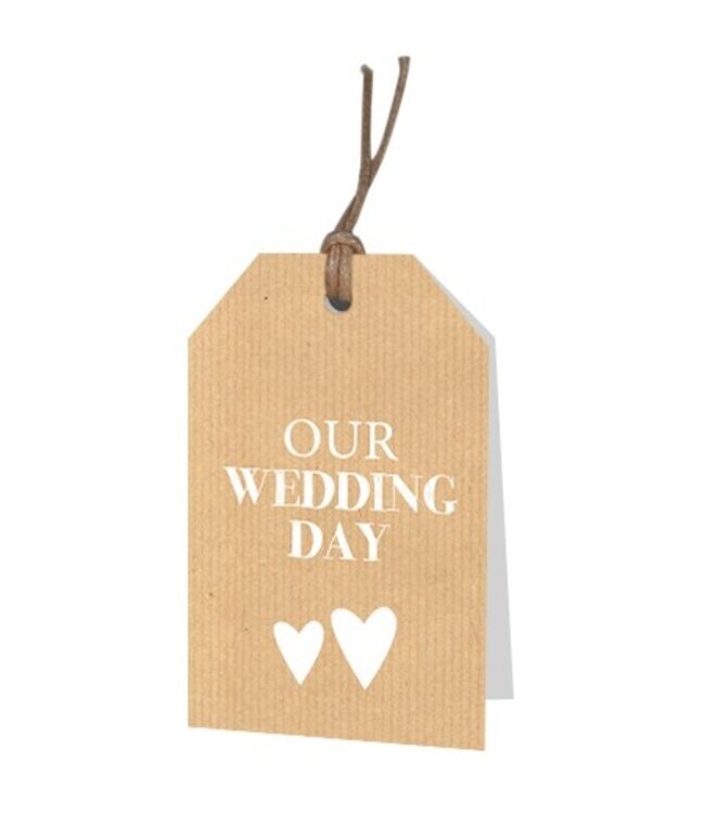 Label Card with English text "Our wedding day" | Colour: Light brown | Width 5 centimetres | Height 8 centimetres | Per 12 labels
