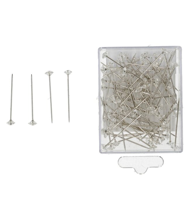 Pins with Diamond Head | Colour: Transparent | Head diameter 6 millimetres | Length 40 millimetres | Per 85 pins