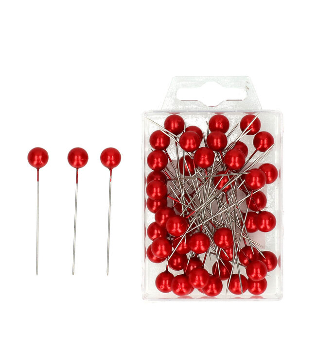 Épingles avec Bouton Perle | Couleur : Rouge | Diamètre 10 millimètres | Longueur 60 millimètres | Par 50 épingles