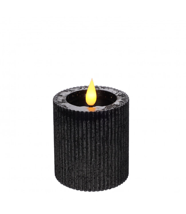 Ribbed LED Pillar Candle | Colour: Black | Diameter 7 centimetres | Height 7.5 centimetres | Excluding AAA batteries | Per 6 candles