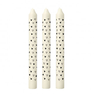 4A Bougie avec Cœurs | Couleur : Noir Blanc | Diamètre 2,2 centimètres | Longueur 20 centimètres | Par 3 bougies