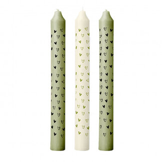 4A Bougie avec Cœurs | Couleur : Vert | Diamètre 2,2 centimètres | Longueur 20 centimètres | Par 3 bougies