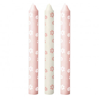 4A Bougie avec Fleurs | Couleur : Rose | Diamètre 2,2 centimètres | Longueur 20 centimètres | Par 3 bougies