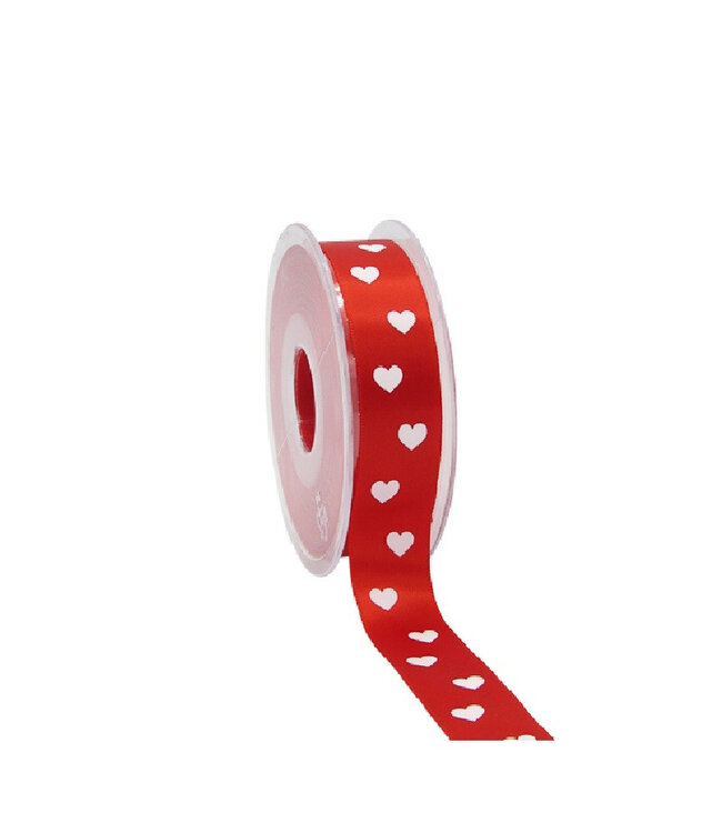 Rotes Satinband mit Herzen | Breite 23 Millimeter | Länge 25 Meter | Stückweise bestellbar