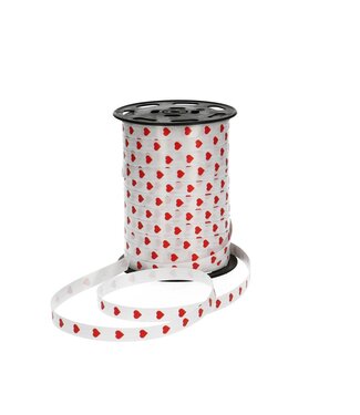 4A Weißes Kräuselband mit roten Herzen | Breite 10 Millimeter | Länge 250 Meter | Pro Stück
