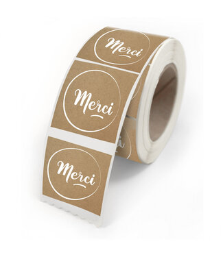 4A Étiquette autocollante avec texte français "Merci" | Couleur : Marron | Largeur 40 millimètres | Hauteur 35 millimètres | Par 500 autocollants