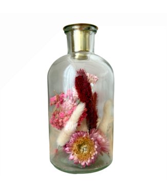 Dutch Dried Glass candle holder with pink and bleached dried flowers | Height 16 centimetres