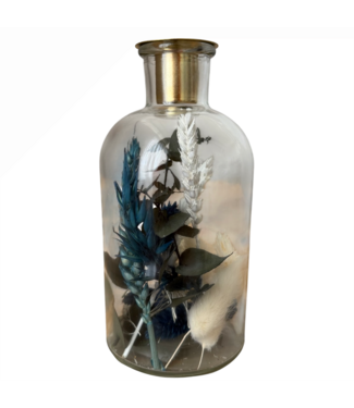 Dutch Dried Bougeoir en verre avec fleurs séchées bleues et blanches | Hauteur 16 centimètres