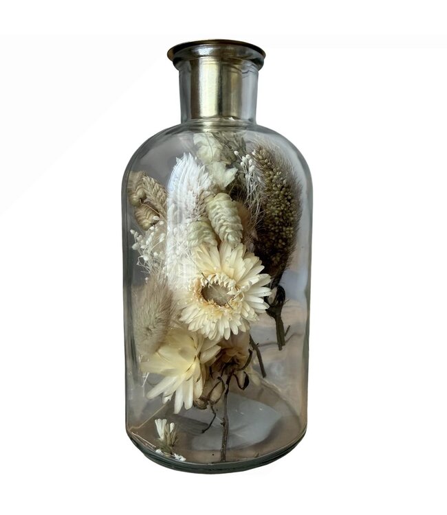 Bougeoir en verre avec fleurs séchées blanches | Hauteur 16 centimètres