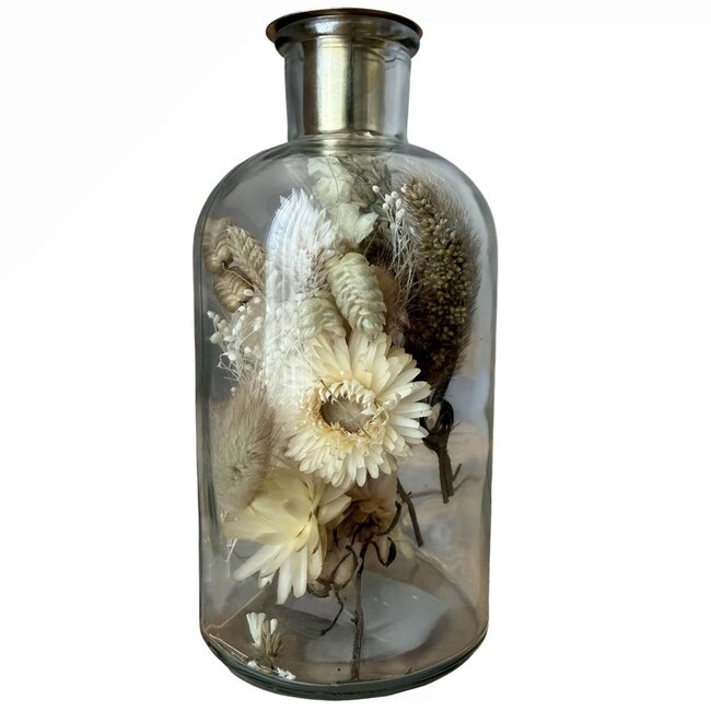 Glass candle holder with white dried flowers | Height 16 centimetres