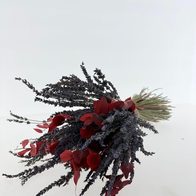 Trockenblumenstrauß "Speziell für dich" | Länge ± 35 Zentimeter | Mit getrocknetem Eukalyptus, Lavendel und roten Craspedien