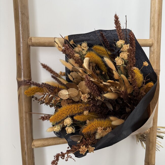 Boeket droogbloemen "Amber Glory" | Lengte ± 60 centimeter | Met okergele en bruine droogbloemen