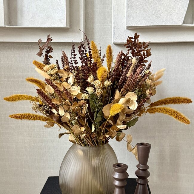 Trockenblumenstrauß Amber Glory | Länge ± 60 Zentimeter | Mit ockerfarbenen und braunen Trockenblumen