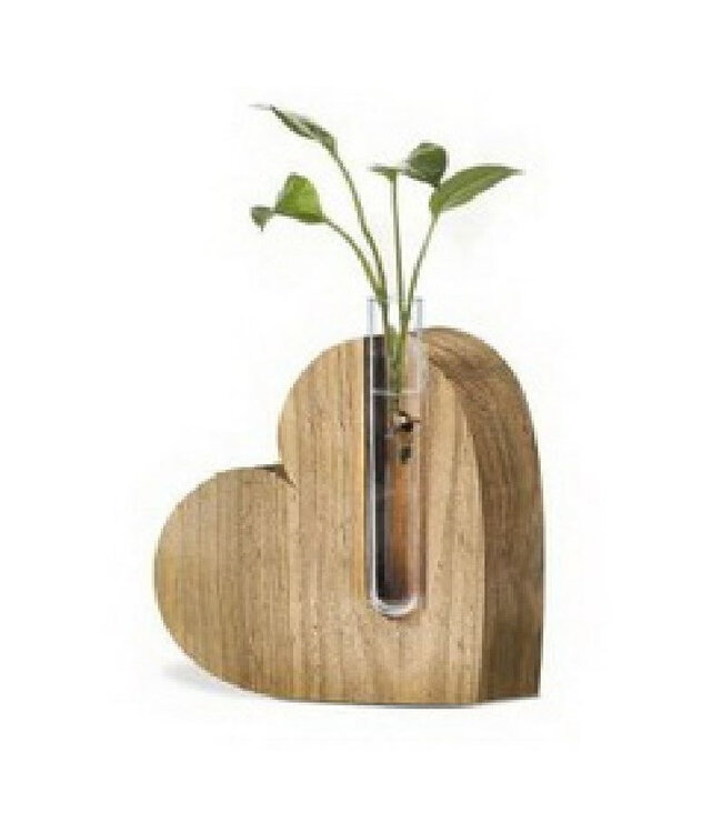 Cœur en Bois avec Petit Vase en Tube | Couleur : Marron | Hauteur 12,5 centimètres | Diamètre du petit vase en tube 2 centimètres | Par 6 cœurs