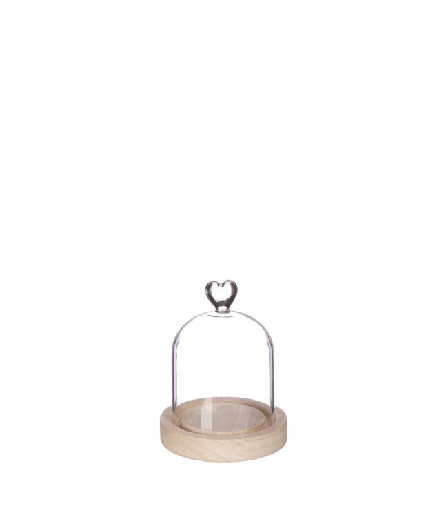 Cloche en Verre Cœur avec Base en Bois | Couleur : Brun Clair Transparent | Diamètre 10 centimètres | Hauteur 13 centimètres | Par cœur