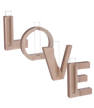 4A Wooden Decorative Letters “Love” with Tube Vase | Colour: Light Brown | Length 13.5 centimetres | Vase diameter 2 centimetres | Set of 4 letters | Per set
