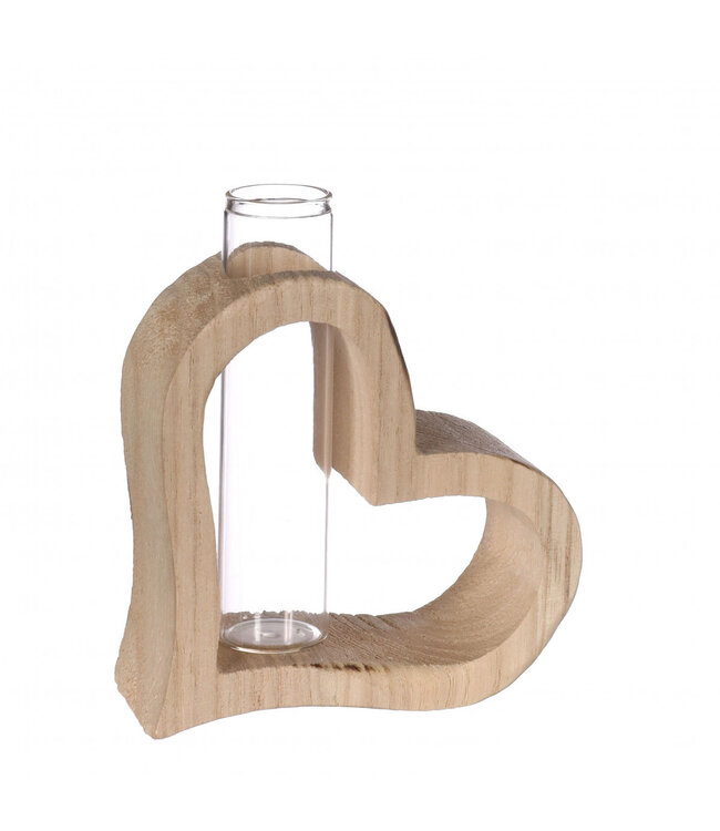 Wooden Heart with Tube Vase | Colour: Brown | Height 10.5 centimetres | Tube vase diameter 3 centimetres | Per 6 hearts
