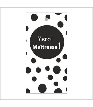 4A Etikett Karte mit französischem Text „Merci Maîtresse“ | Farbe: Schwarz Weiß | Breite 5 Zentimeter | Höhe 10 Zentimeter | Pro 20 Etiketten