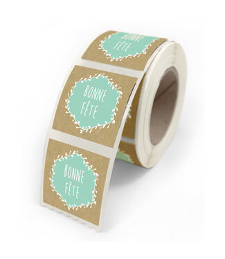 4A Label Sticker met Franse tekst “Bonne Fête” | Kleur: Mint | Breedte 40 millimeter | Hoogte 35 millimeter | Per 500 stickers