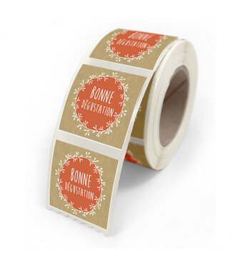 4A Label Sticker with French text “Bonne Dégustation” | Colour: Red | Width 40 millimetres | Height 35 millimetres | Per 500 stickers
