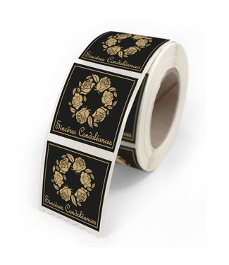 4A Label Sticker with French text “Condoléances” | Colour: Black | Width 40 millimetres | Height 35 millimetres | Per 500 stickers