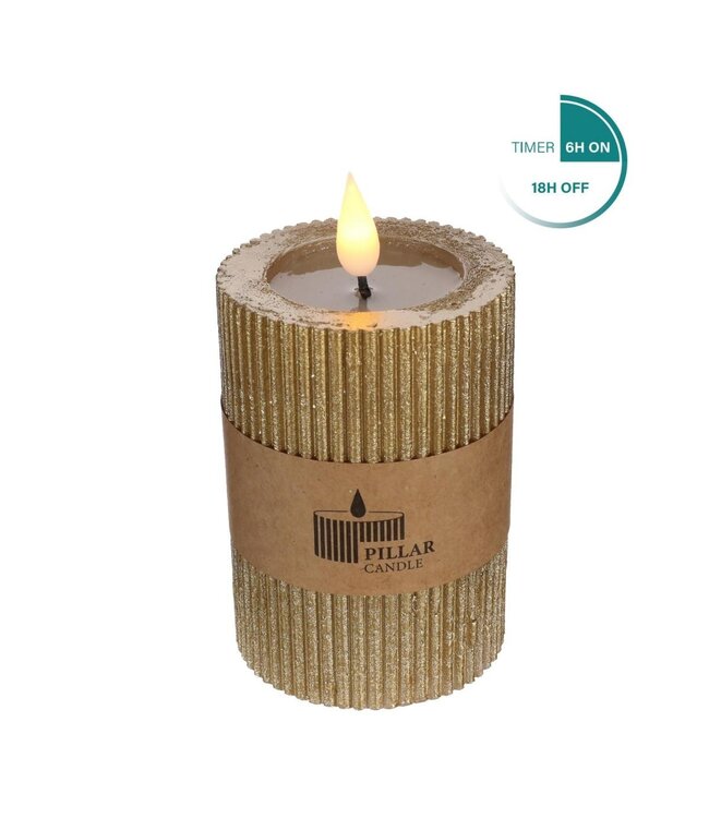 Ribbed LED Pillar Candle | Colour: Gold | Diameter 7 centimetres | Height 10 centimetres | Excluding AAA batteries | Per 6 candles