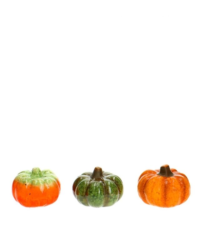 Pumpkin Decoration | Colour: Mixed Colours | Length 6 centimetres | Width 7 centimetres | Height 4.5 centimetres | Per 3 pumpkins