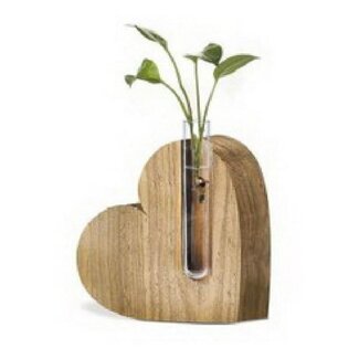 4A Cœur en Bois avec Petit Vase en Tube | Couleur : Brun Clair | Hauteur 12,5 centimètres | Diamètre du petit vase en tube 2 centimètres | Par 6 cœurs