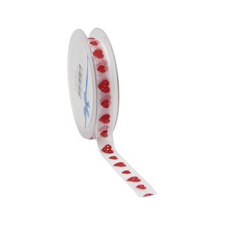 4A Organza Lint met Hartjes | Kleur: Roze Wit | Breedte 15 millimeter | Lengte 25 meter | Per rol