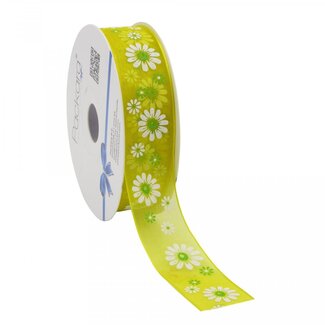 4A Organza-Band mit Blumen | Farbe: Gelb | Breite 25 Millimeter | Länge 20 Meter | Pro Rolle