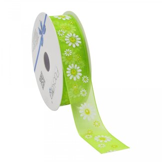 4A Organza-Band mit Blumen | Farbe: Apfelgrün | Breite 25 Millimeter | Länge 20 Meter | Pro Rolle
