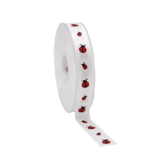 4A Ruban Satin avec Coccinelles | Couleur : Rose Blanc | Largeur 15 millimètres | Longueur 25 mètres | Par rouleau
