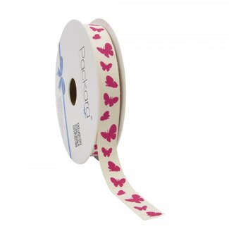 4A Cotton Ribbon with Butterflies | Colour: Fuchsia | Width 15 millimetres | Length 20 metres | Per roll